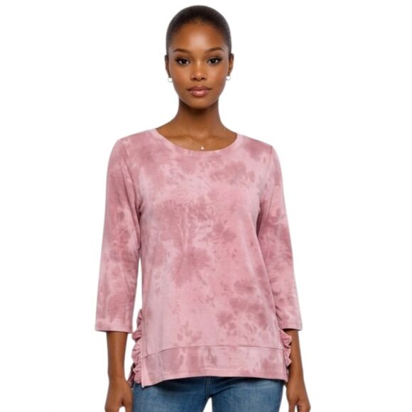 Cupio Tops - Cupio Pink Tie-Dye Crewneck Side Ruffle Detail 3/4 Sleeve Top Size S